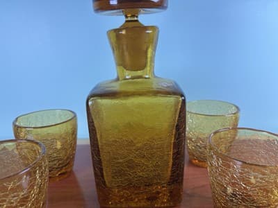 Heavy Bar Set Crackle Glass Handblown Liquor Decanter Amber Italy 6 Glasses VTG - Thumbnail 2