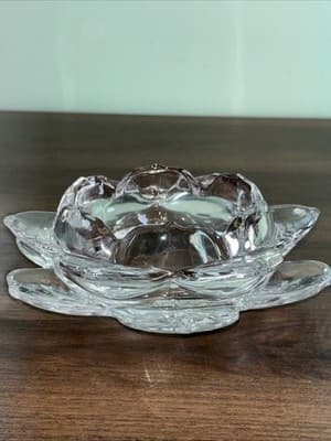 Heavy Glass Blooming Lotus Flower Pillar Medium Candle Holder Hand Pulled Petals - Thumbnail 5