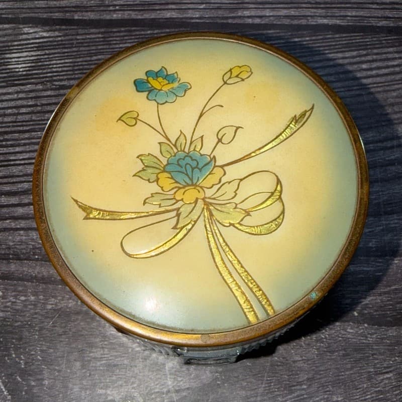 Vintage Art Deco Ribbed Glass Powder Jar Floral Brass Lid Chipped - Thumbnail 2
