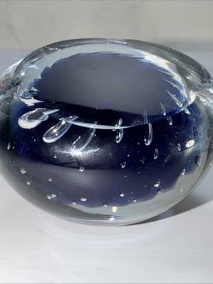 VTG Controlled Bubble Cobalt Blue Center Glass Paperweight Heavy - Thumbnail 12