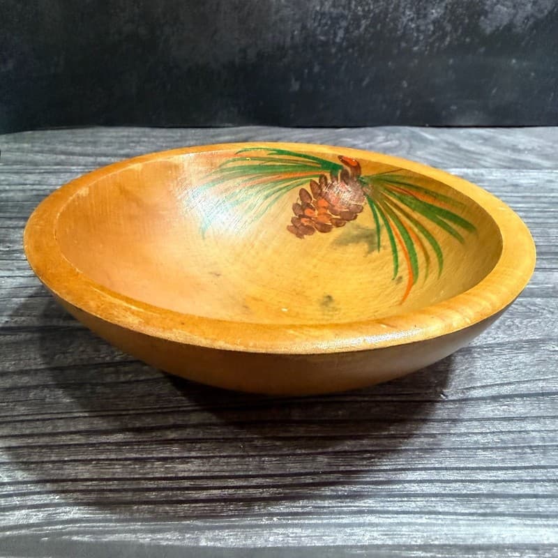 Vintage Hand Crafted & Hand Painted Pine Cones 10" Wood Bowl - Thumbnail 2