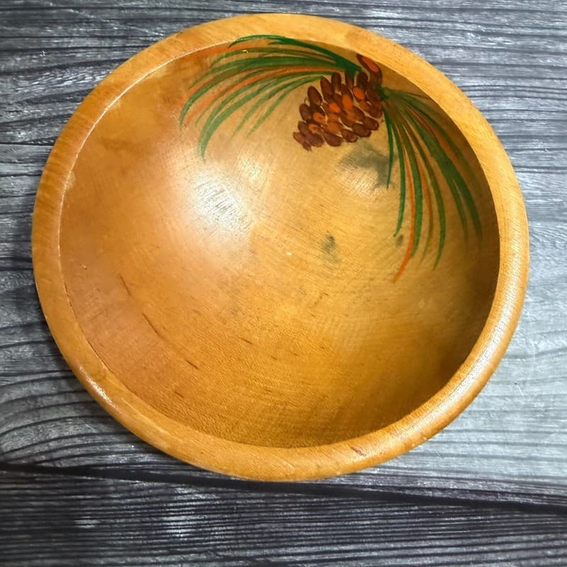 Vintage Hand Crafted & Hand Painted Pine Cones 10" Wood Bowl - Thumbnail 6