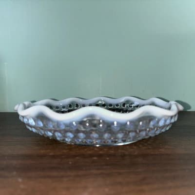 VTG Fenton Hobnail divided Relish dish White & clear glass ruffled edge - Thumbnail 4