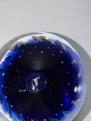 VTG Controlled Bubble Cobalt Blue Center Glass Paperweight Heavy - Thumbnail 8