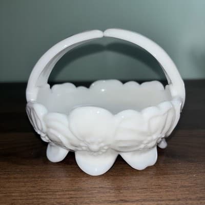 VTG Milk Glass Footed Candy Basket Dogwood Flower Dish Westmorland White W Label - Thumbnail 2