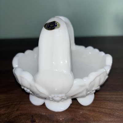 VTG Milk Glass Footed Candy Basket Dogwood Flower Dish Westmorland White W Label - Thumbnail 7