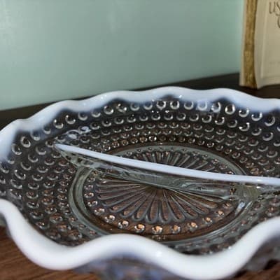 VTG Fenton Hobnail divided Relish dish White & clear glass ruffled edge - Thumbnail 6