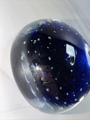 VTG Controlled Bubble Cobalt Blue Center Glass Paperweight Heavy - Thumbnail 10