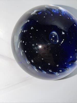 VTG Controlled Bubble Cobalt Blue Center Glass Paperweight Heavy - Thumbnail 9