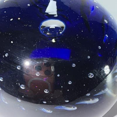VTG Controlled Bubble Cobalt Blue Center Glass Paperweight Heavy - Thumbnail 2