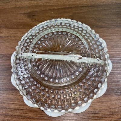 VTG Fenton Hobnail divided Relish dish White & clear glass ruffled edge - Thumbnail 8