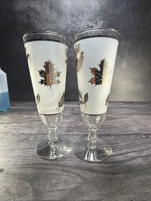 2 Vintage Libbey Frosted Pilsner Glasses Mid Century Barware Silver Leaf Foliage - Thumbnail 10