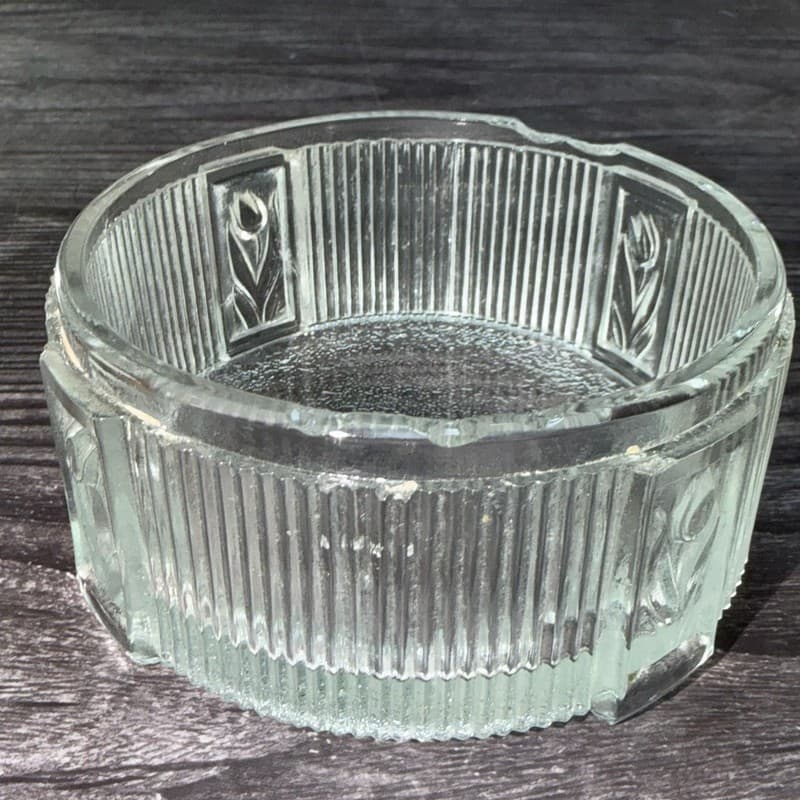 Vintage Art Deco Ribbed Glass Powder Jar Floral Brass Lid Chipped - Thumbnail 4