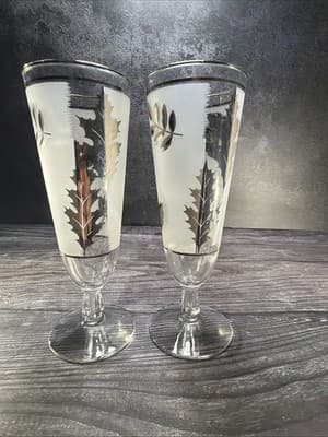 2 Vintage Libbey Frosted Pilsner Glasses Mid Century Barware Silver Leaf Foliage - Thumbnail 8