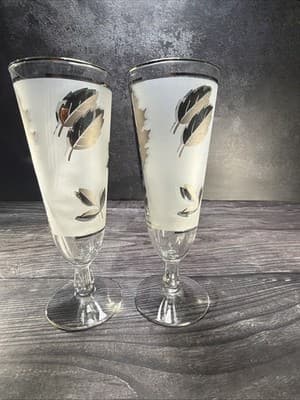 2 Vintage Libbey Frosted Pilsner Glasses Mid Century Barware Silver Leaf Foliage - Thumbnail 9