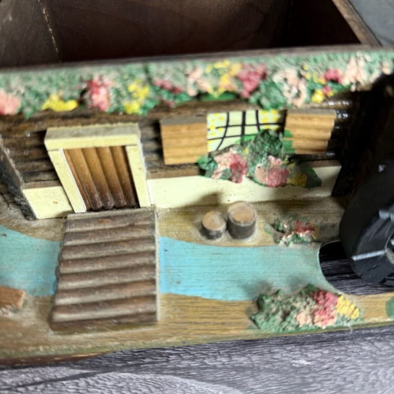 Vintage Wooden Swiss Chalet Music Box Jewelry Trinket Box with Moving Waterwheel - Thumbnail 6