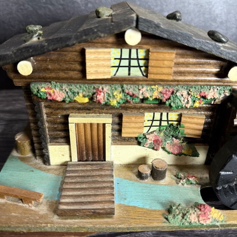 Vintage Wooden Swiss Chalet Music Box Jewelry Trinket Box with Moving Waterwheel - Thumbnail 5