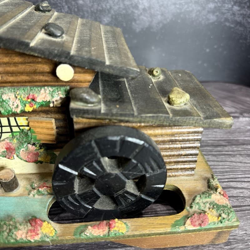 Vintage Wooden Swiss Chalet Music Box Jewelry Trinket Box with Moving Waterwheel - Thumbnail 2