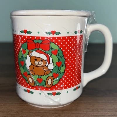 Vintage 1980’s Santa Bear Coffee Mug Christmas Cup With Coaster Lid NOS Is Lov - Thumbnail 2