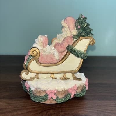 Pink Ceramic Christmas Music Box Santa Claus and Cats in a Sleigh Works - Thumbnail 5