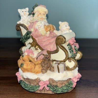 Pink Ceramic Christmas Music Box Santa Claus and Cats in a Sleigh Works