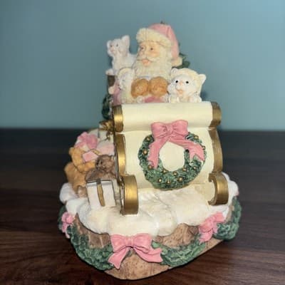 Pink Ceramic Christmas Music Box Santa Claus and Cats in a Sleigh Works - Thumbnail 4
