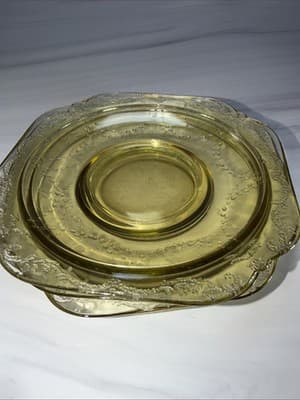 Set Of 3 Federal Madrid Amber Depression Glass 5 3/4” Square Saucers - Thumbnail 2