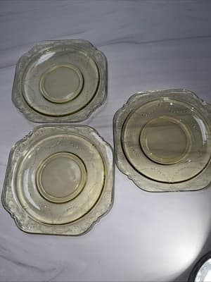 Set Of 3 Federal Madrid Amber Depression Glass 5 3/4” Square Saucers - Thumbnail 3