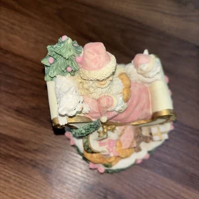 Pink Ceramic Christmas Music Box Santa Claus and Cats in a Sleigh Works - Thumbnail 7