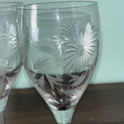 3 Vintage Cut Glass Wine Or Water Glasses Etched Flowers and Leaves 6.7” Tall - Thumbnail 2