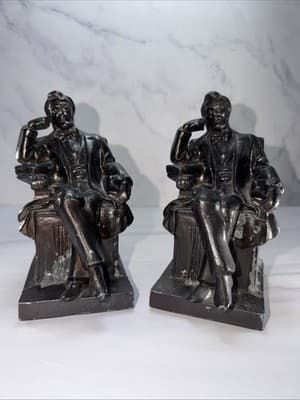 Vintage Thinking Abraham Lincoln Metal Bookends Statues American Historical Set