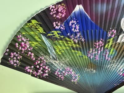 VTG Japanese Hand Painted Folding Hand Fan Mountains And White Peacocks - Thumbnail 2