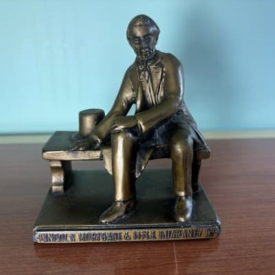 Vintage Abraham Lincoln Cast Metal Statue Table Advertisement Mortgage Title Co