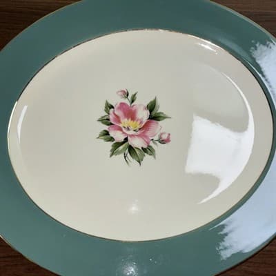 Homer Laughlin Rose Century Service Green Oval Serving Platter VTG - Thumbnail 4