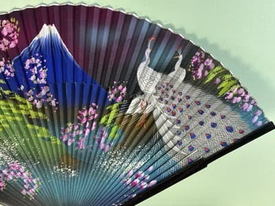 VTG Japanese Hand Painted Folding Hand Fan Mountains And White Peacocks - Thumbnail 3