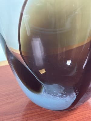 XL VTG Wide Heavy Abstract Art Glass Vase Handmade Blue Brown Swirls 9.25" H x 7 - Thumbnail 7