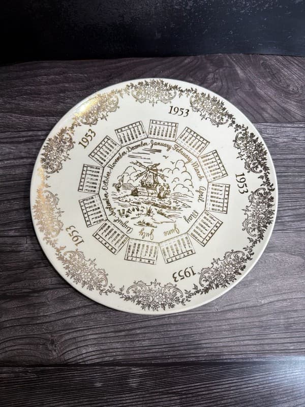 Vintage 1953 Calendar Plate with Windmill Scene and Gold Filigree Trim, 10"