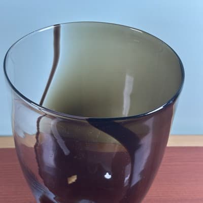 XL VTG Wide Heavy Abstract Art Glass Vase Handmade Blue Brown Swirls 9.25" H x 7 - Thumbnail 2