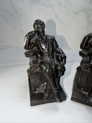 Vintage Thinking Abraham Lincoln Metal Bookends Statues American Historical Set - Thumbnail 3