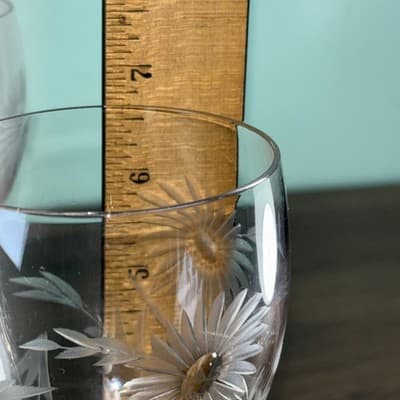 3 Vintage Cut Glass Wine Or Water Glasses Etched Flowers and Leaves 6.7” Tall - Thumbnail 8