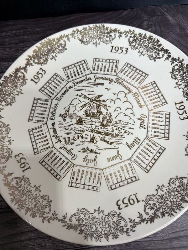 Vintage 1953 Calendar Plate with Windmill Scene and Gold Filigree Trim, 10" - Thumbnail 3