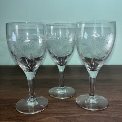 3 Vintage Cut Glass Wine Or Water Glasses Etched Flowers and Leaves 6.7” Tall