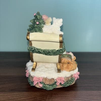 Pink Ceramic Christmas Music Box Santa Claus and Cats in a Sleigh Works - Thumbnail 6