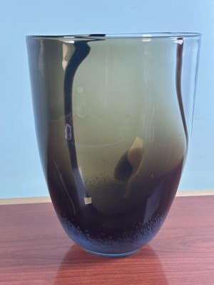XL VTG Wide Heavy Abstract Art Glass Vase Handmade Blue Brown Swirls 9.25" H x 7 - Thumbnail 4