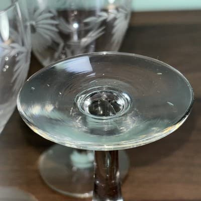 3 Vintage Cut Glass Wine Or Water Glasses Etched Flowers and Leaves 6.7” Tall - Thumbnail 6