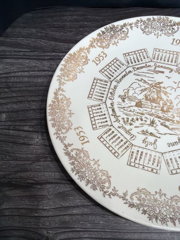 Vintage 1953 Calendar Plate with Windmill Scene and Gold Filigree Trim, 10" - Thumbnail 4
