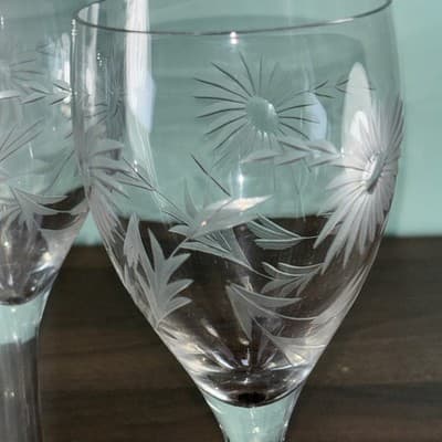 3 Vintage Cut Glass Wine Or Water Glasses Etched Flowers and Leaves 6.7” Tall - Thumbnail 3