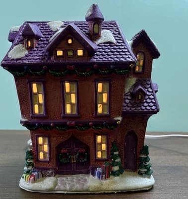Vintage Ceramic Light Up Christmas House Purple Glitter Roof 7” Tall Village