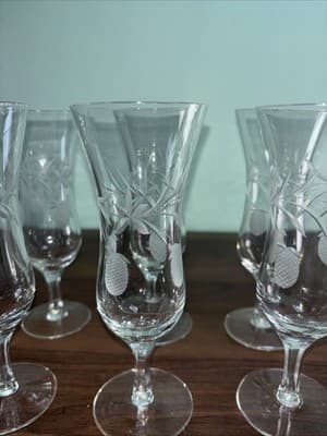 Crystal Flutted Champagne Glasses Berry And Leafs Cut Glass Cut Stem Vintage Bar - Thumbnail 8