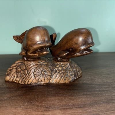 VTG Whale SEA WORLD SALT & PEPPER SHAKERS Wood Look Flowers TREASURE CRAFT MCM - Thumbnail 8